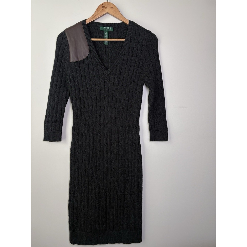 Women's Lauren Ralph Lauren Dark Gray Cable Knit Dress With Faux Leather Patch S